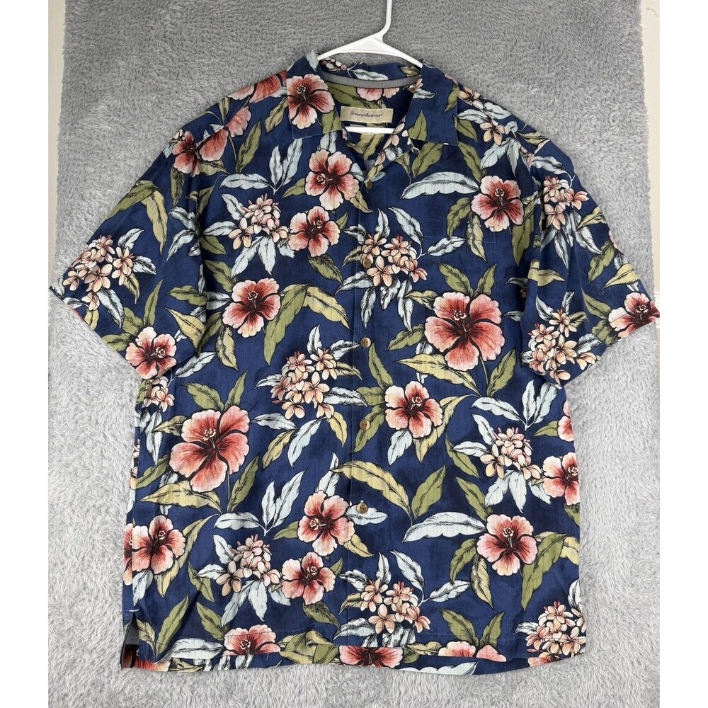 Tommy Bahama 100% Silk Hawaiian Shirt Mens L Blue Floral Aloha Camp
